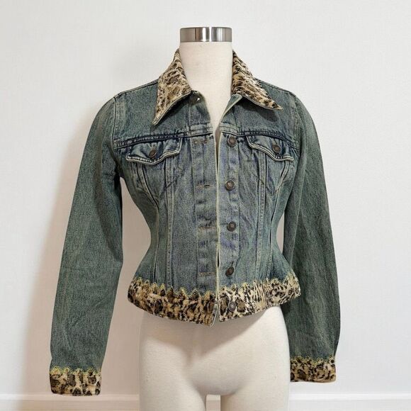 Newport News Vintage 90s Patchwork Denim Jean Jacket Coat Leopard Small 4 - Picture 1 of 6